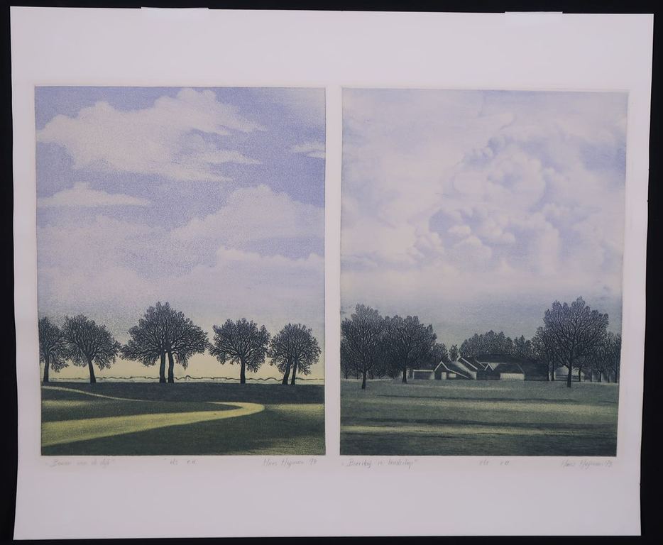 Hans Heijman: Ets, Bomen aan de dijk/Boerderij in landschap kopen? Bied vanaf 1!