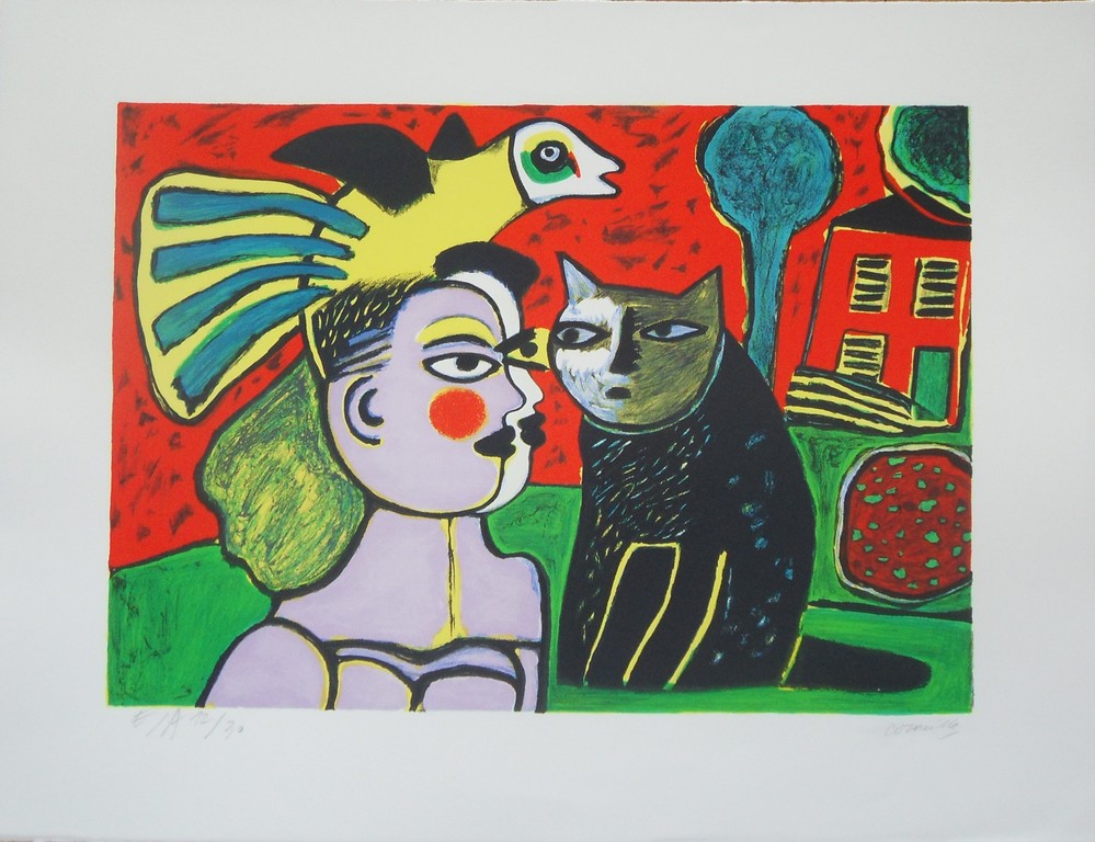 Corneille : vrouw, kat en vogel  (schitterende kleurenlithografie) kopen? Bied vanaf 1!