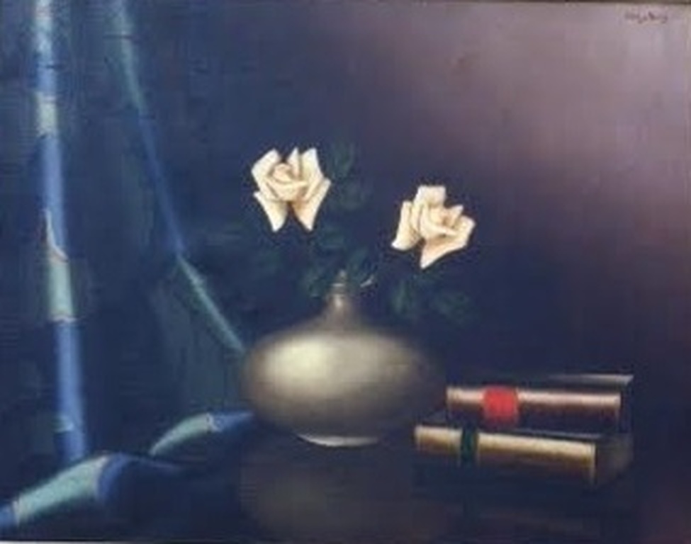 Tilly Moes (1899-1979) stilleven met vaas, rozen en boeken verkocht voor € 85!