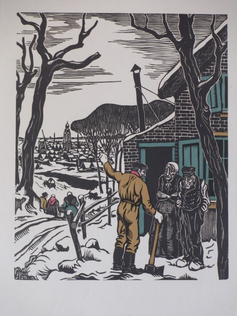 Jan Franken Pzn, Strenge Winter, Kleurenhoutsnede verkocht voor € 40!