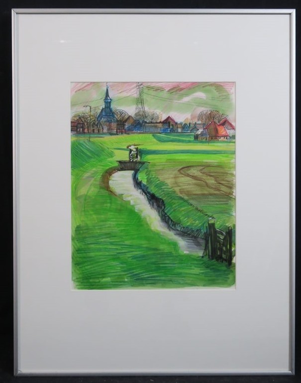 Arien van Waterland: Potlood en Aquarel, Noord-Holland - Ingelijst verkocht voor € 35!