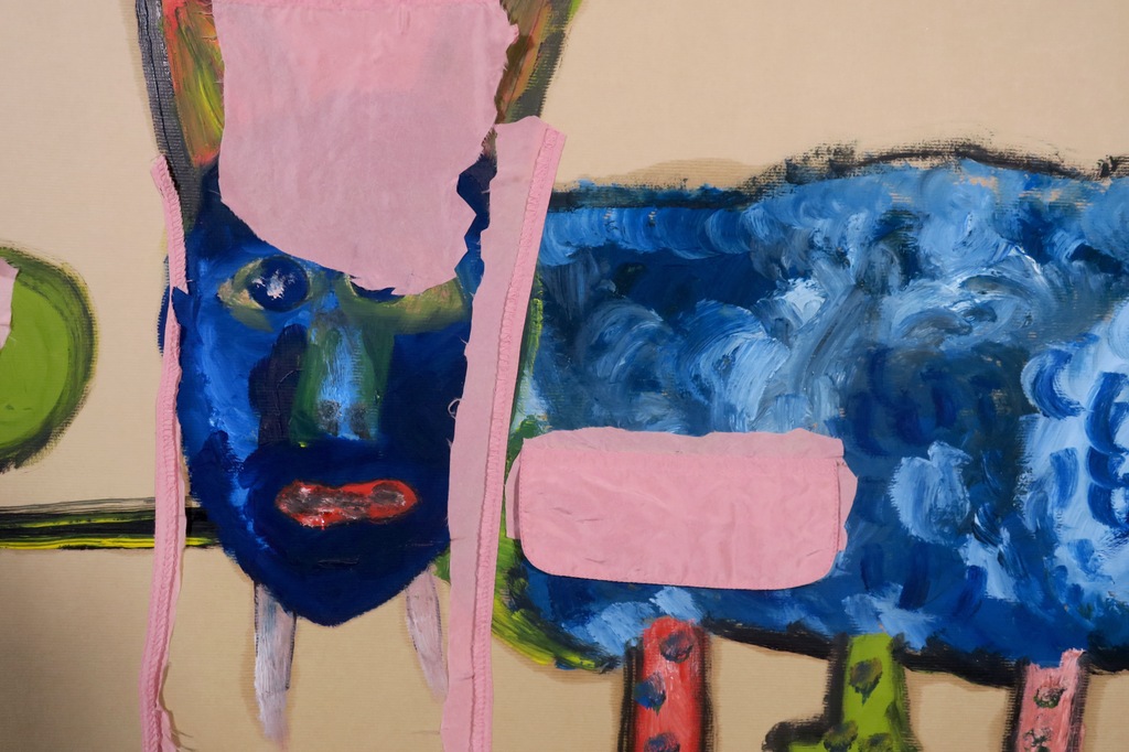 Meertje Kaal: Olieverf en collage op karton, De oplettende.. - Ingelijst kopen? Bied vanaf 1!