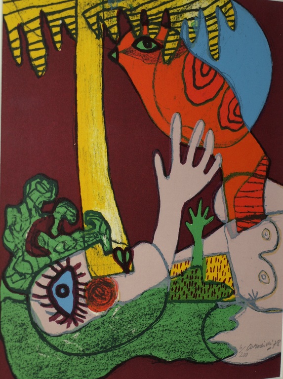 CORNEILLE : Litho,  'Femme et oiseau' – gesigneerd en ingelijst - 1978  verkocht voor € 135!