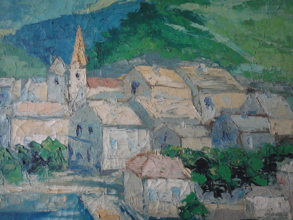 Franse school(?) - olieverf op doek - bergdorp aan rivier kopen? Bied vanaf 1!