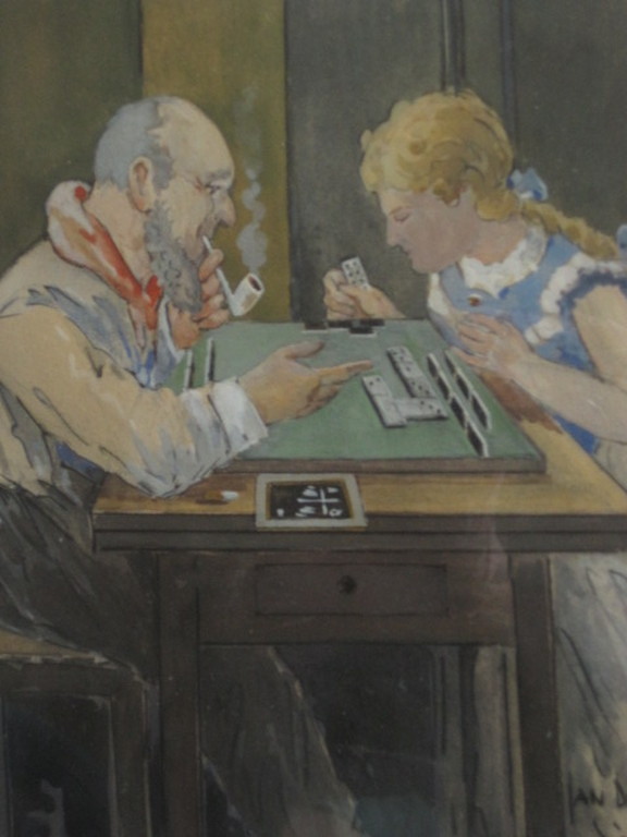 Leuk Hollands aquarel "Pa en dochter spelen TricTrac" door Jan de Quack 1934 kopen? Bied vanaf 1!