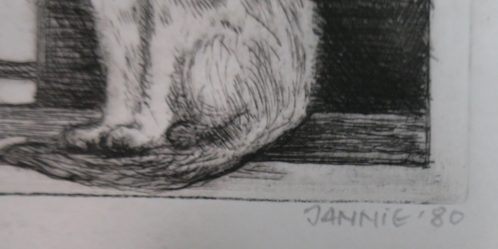 Onbekend gesigneerd (Jannie): Ets, Drie katten kopen? Bied vanaf 1!