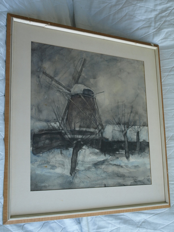 Onduidelijke signatuur : Gemengde techniek , Molen – ingelijst– 1956 kopen? Bied vanaf 1!