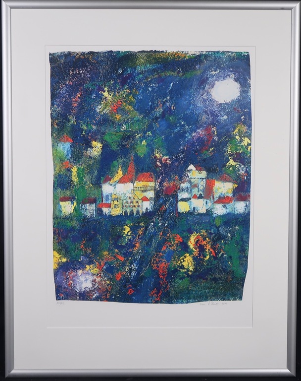 Franz Lauter: Zeefdruk, Stad bij nacht - Ingelijst (groot) verkocht voor € 35!