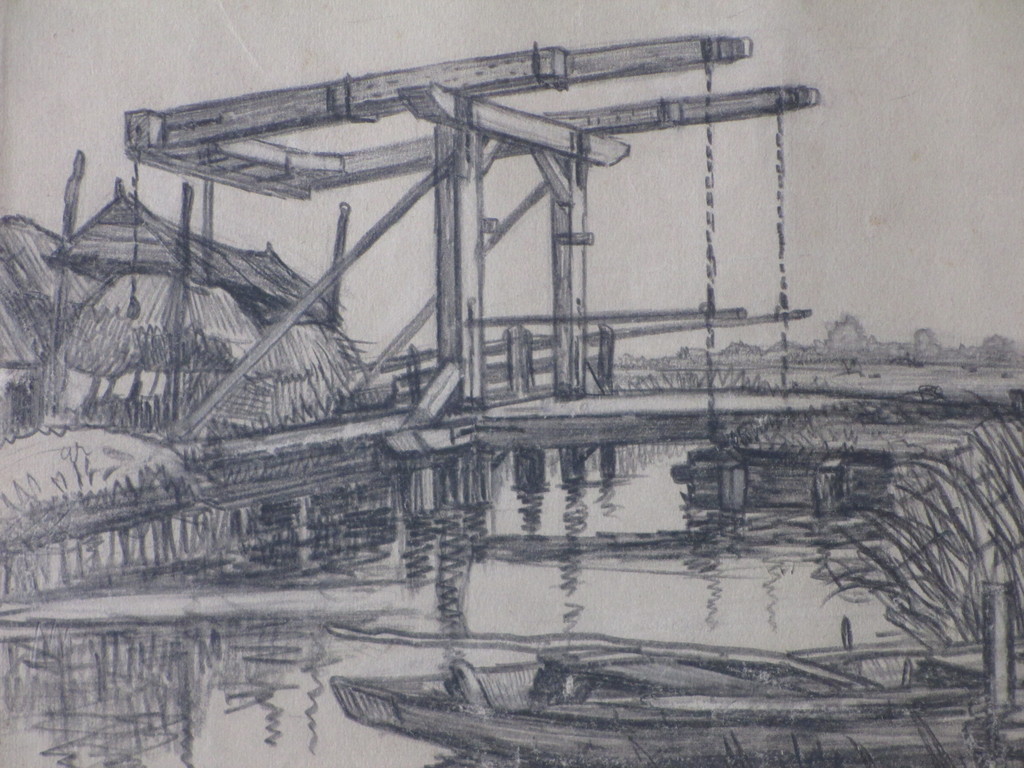 Onbekend (toegeschr.a.H.Roodenburg), Boerderij bij klapbrug, Tekening kopen? Bied vanaf 1!