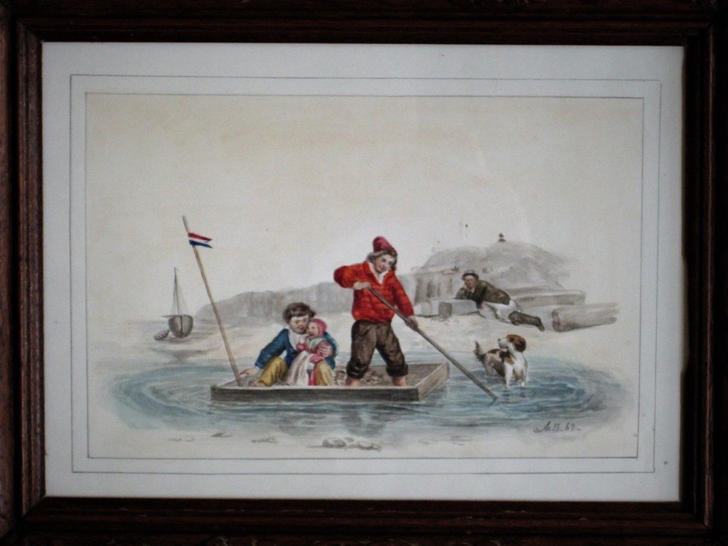 Bijzondere 19e Eeuwse aquarel "kinderen in bootje in zee" monogram AB 1869 verkocht voor € 55!