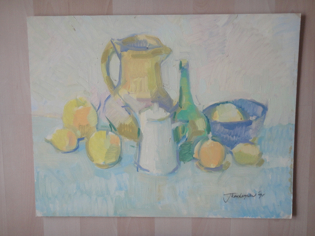Jan Verheijen, olieverf op board, stilleven met o.a. fruit, fles en theekan II kopen? Bied vanaf 1!