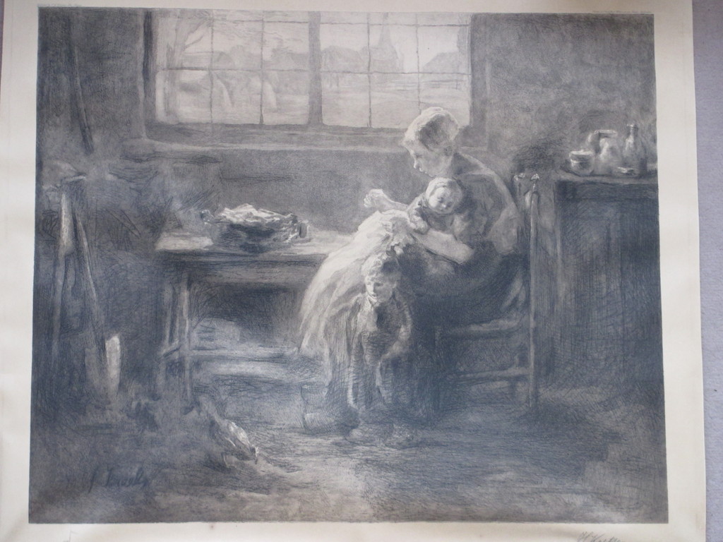 Henri Koetser, Moeder met kinderen in interieur, Ets kopen? Bied vanaf 25!