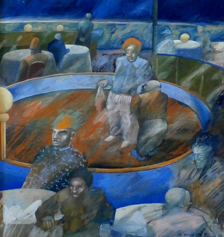 Mick Rooney - Gouache: twee clowns in circus - opdracht:  To Willem- 1977 verkocht voor € 850!
