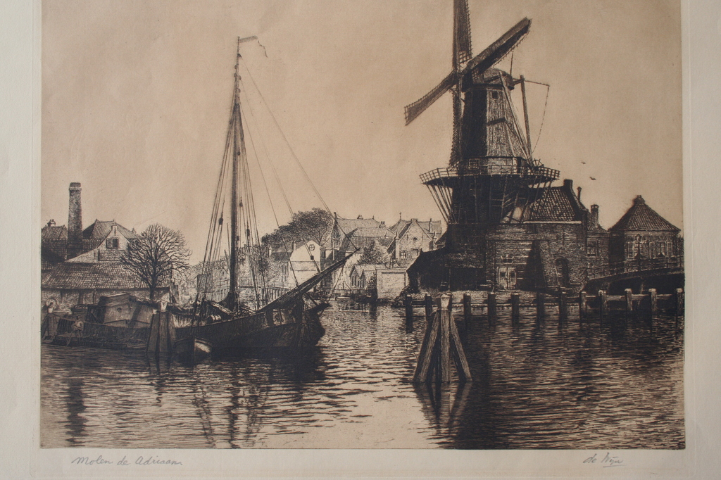 W.A.  de Wijn, ets molen de Adriaan Haarlem, gesigneerd  kopen? Bied vanaf 25!