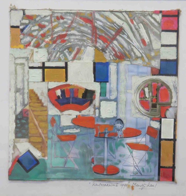 Meertje Kaal: Acryl en Collage op karton, Kantoorruimte 1990 - Ingelijst kopen? Bied vanaf 1!
