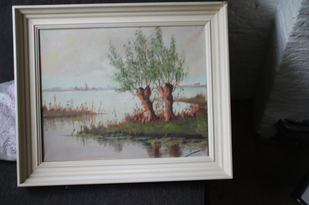  P. de Bruin Waterlandschap met bomen en molen   kopen? Bied vanaf 25!