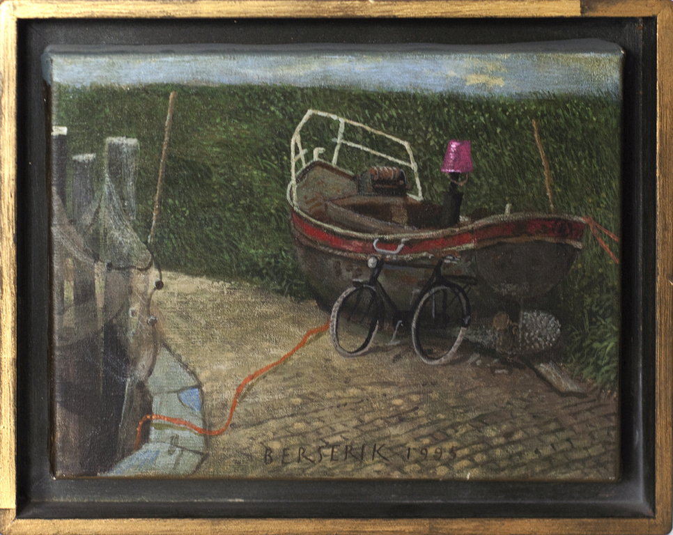 Herman Berserik (1921 - 2002), Op de kade van Tholen 1995, Olieverf op paneel verkocht voor € 3200!