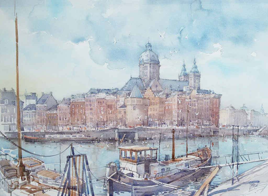 Nenad V. Karpov - Nenad Karpov - Prins Hendrikkade Amsterdam, aquarel kopen? Bied vanaf 1!