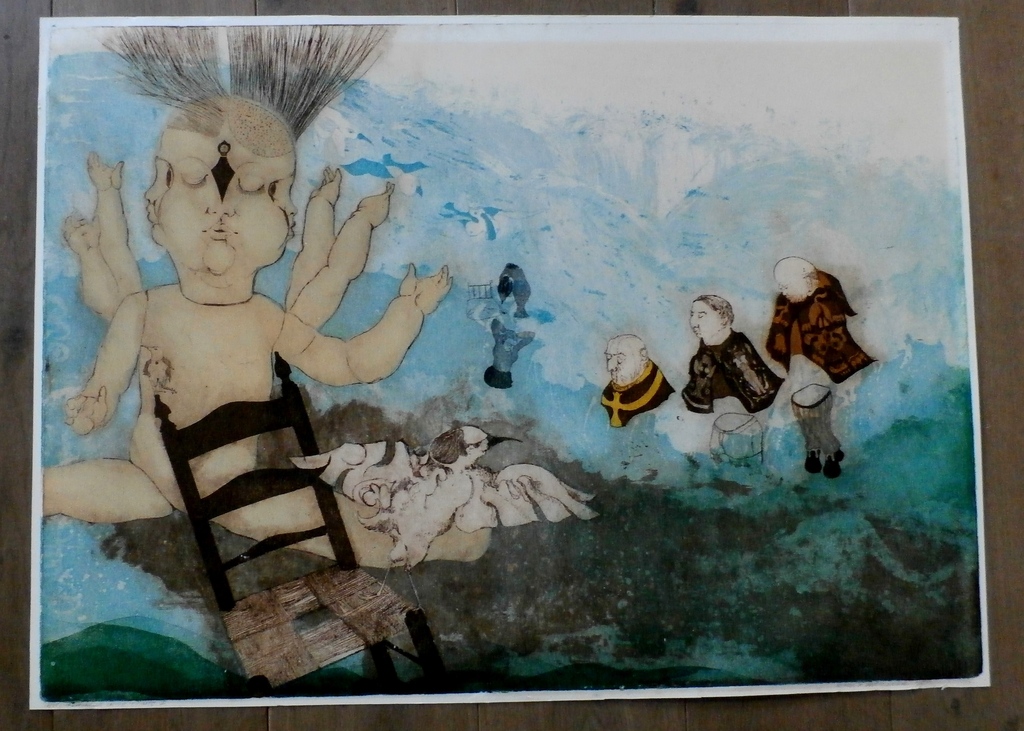 Michel van Overbeeke - grote ets: ontmoeting in de ruimte 1 - 1975 - handgesign. kopen? Bied vanaf 100!