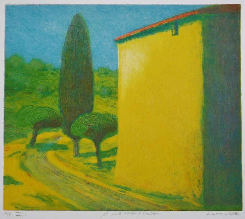 Elmar Gille, Reliëfdiepdruk, Op weg naar Pienza, Gesigneerd verkocht voor € 60!