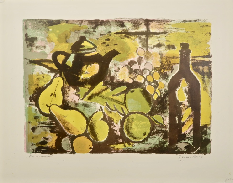 Jeanne Bieruma Oosting: Litho, Fles en vruchten verkocht voor € 40!