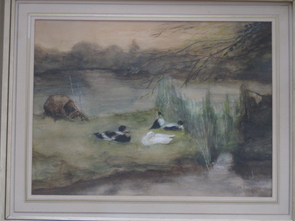 Nabloei Haagse School Pastel "eenden" van Geo Poggenbeek 1853-1903 verkocht voor € 76!