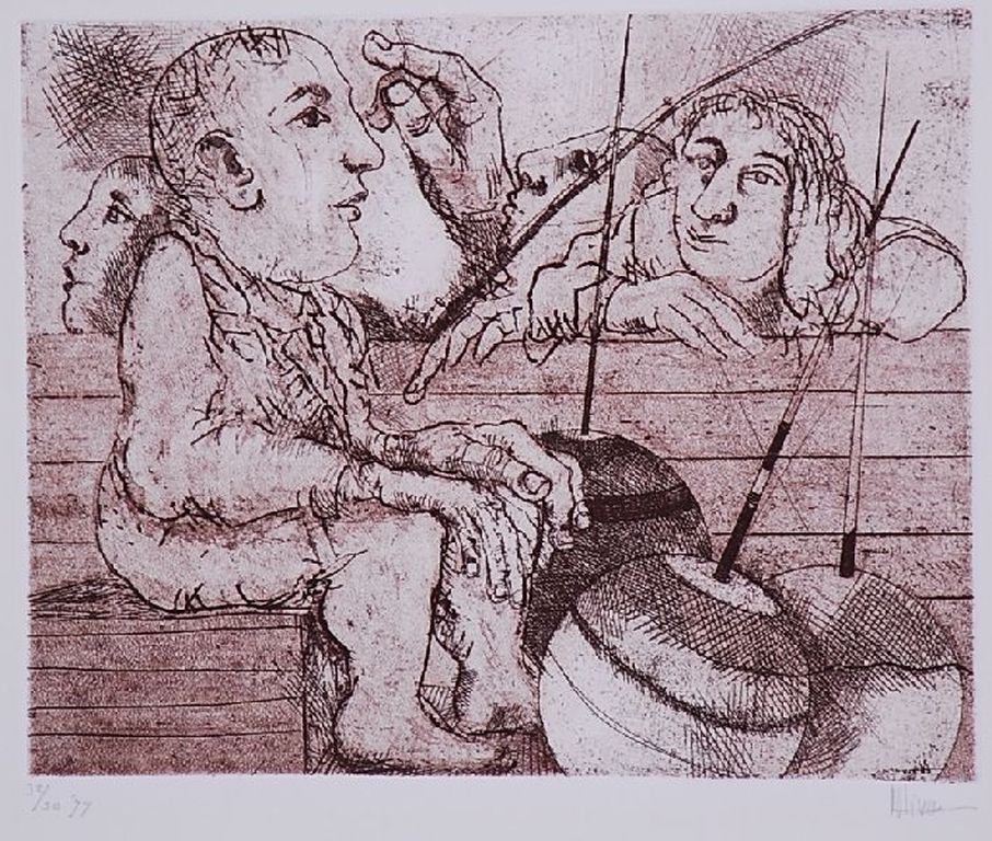 Pim Olivier: Ets/Aquatint. Figuren  verkocht voor € 35!