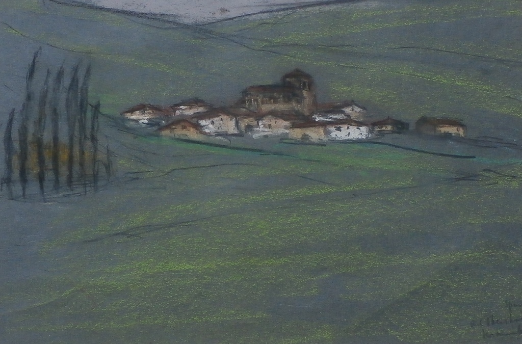 Anna Kranenburg-Oberstadt, krijttekening (wasco) , landschap met dorp verkocht voor € 35!