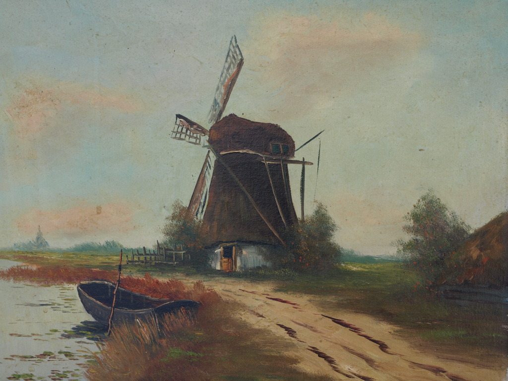 Gesigneerd ‘v. Oort’ (?) : Olieverf op doek – Landschap met molen – ingelijst  kopen? Bied vanaf 1!
