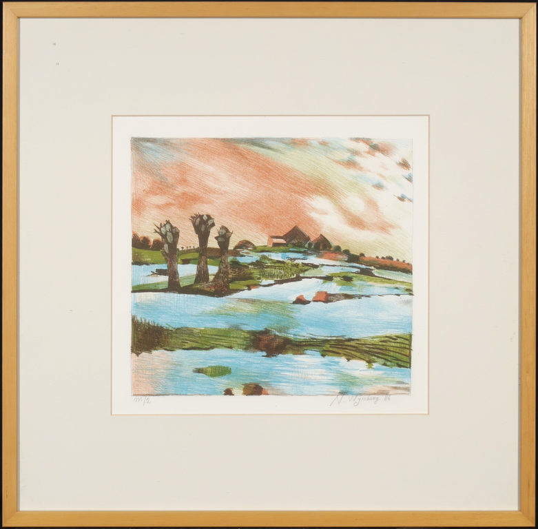 Nicolaas Wijnberg: Litho, Landschap II - Ingelijst verkocht voor € 40!