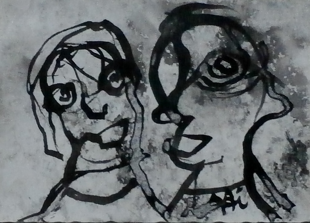 Lotti van der Gaag - Inkttekening: two Faces - 1996 verkocht voor € 175!
