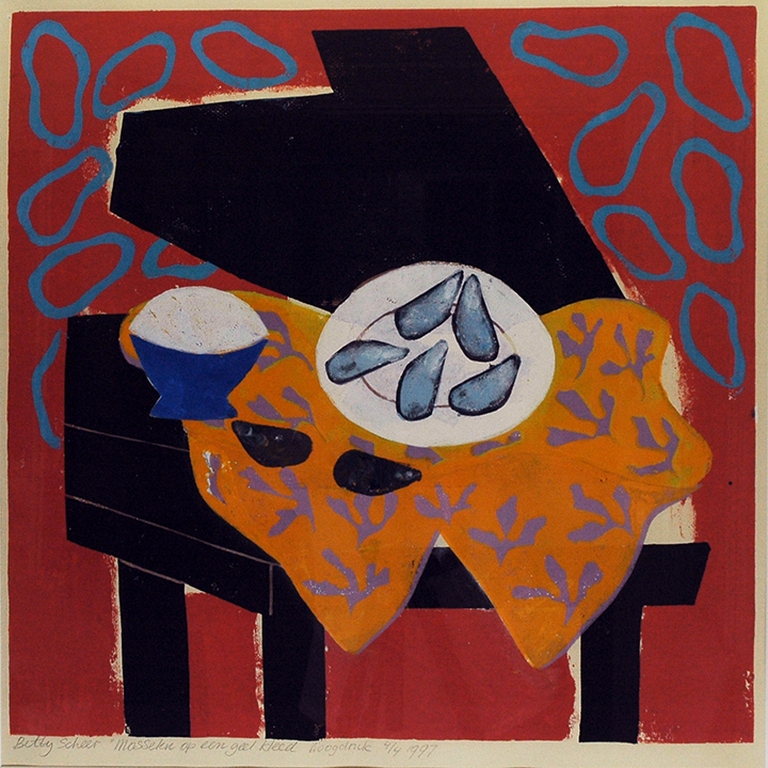 Betty Scheer: Mosselen op een geel kleed - linoleumsnede, 1997 kopen? Bied vanaf 45!
