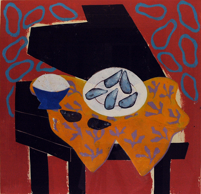 Betty Scheer: Mosselen op een geel kleed - linoleumsnede, 1997 verkocht voor € 45!