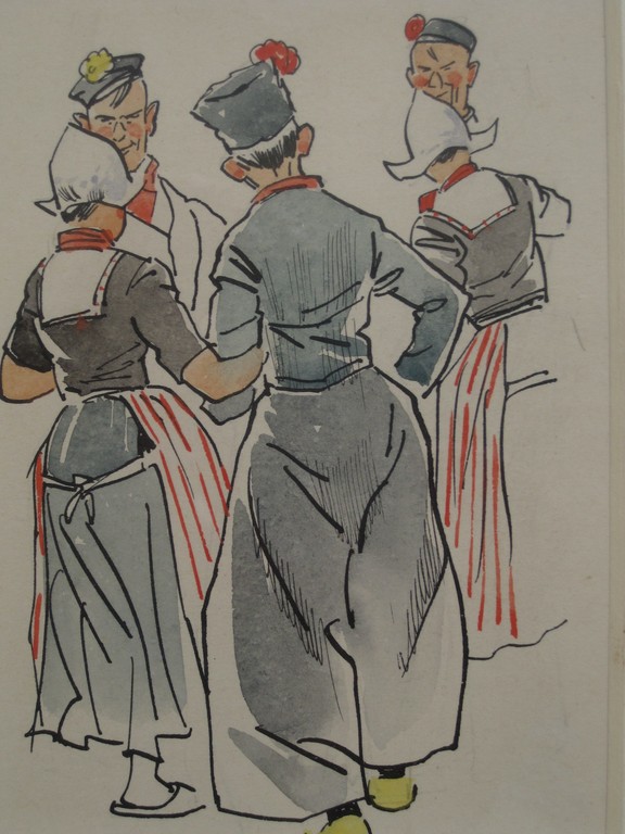 toegeschr. W. Sluiter "Volendam volksdansen" aquarel op papier  verkocht voor € 130!