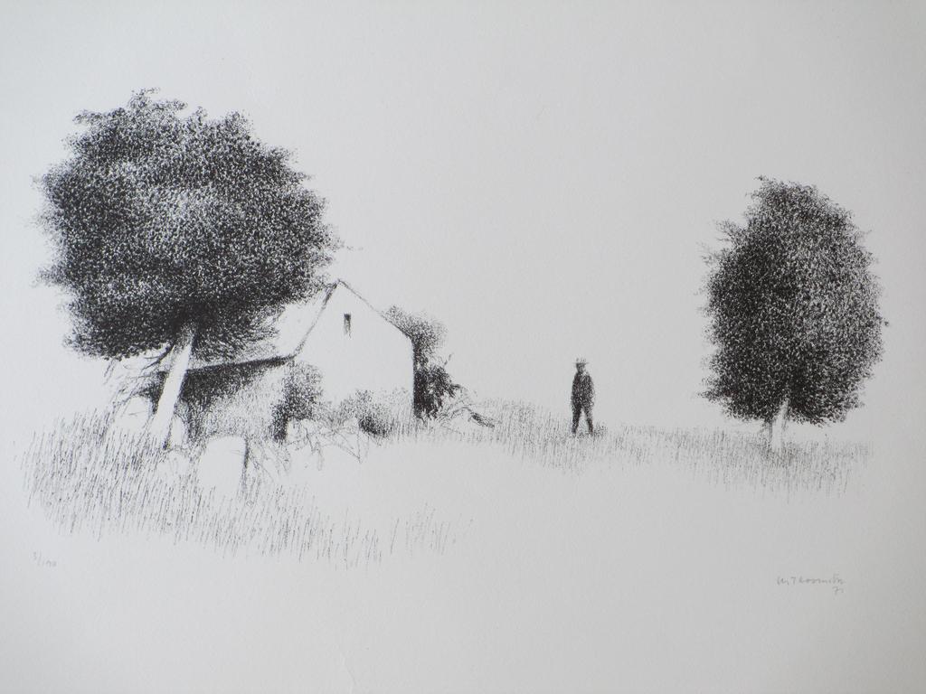 Metten Koornstra - Figuur bij huis en bomen - Litho kopen? Bied vanaf 75!