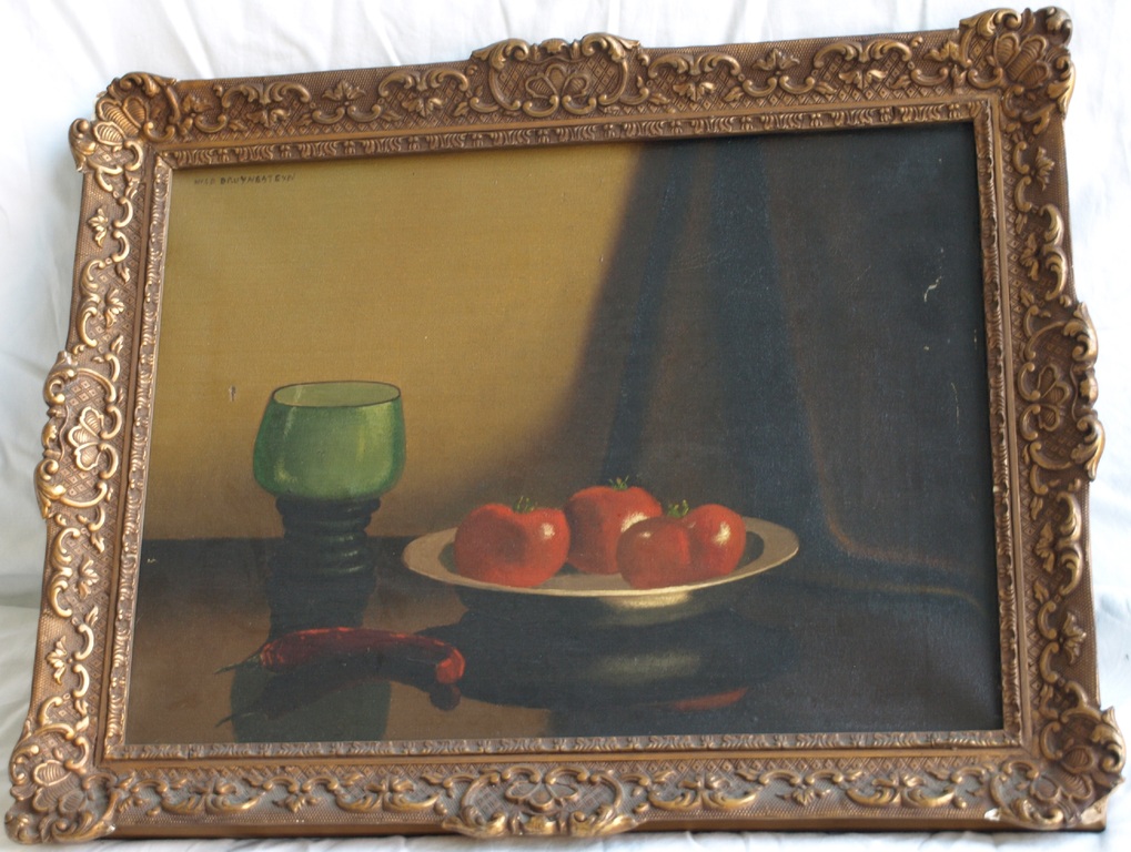 Nico Bruynesteyn : Olieverf op doek – Stilleven met tomaten – ingelijst  verkocht voor € 61!
