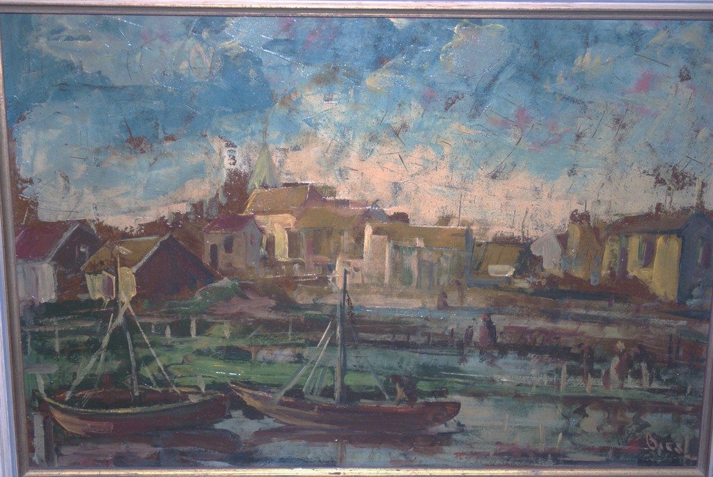 dorp aan het water - olieverf ingelijst kopen? Bied vanaf 75!