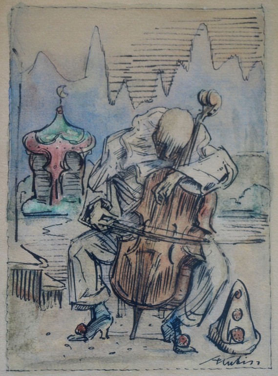 Onbekend: Ingekleurde tekening, Pierrot met Cello – gesigneerd & ingelijst -Oud  verkocht voor € 50!