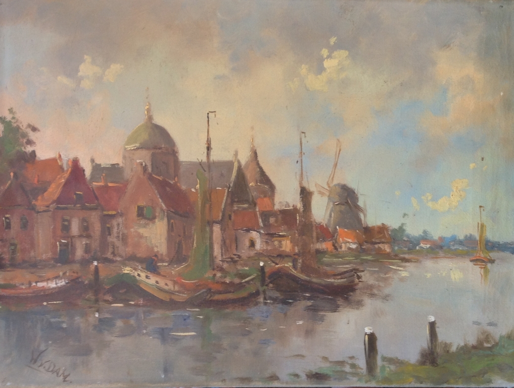 Dorpje aan het water, olieverf op doek verkocht voor € 39!