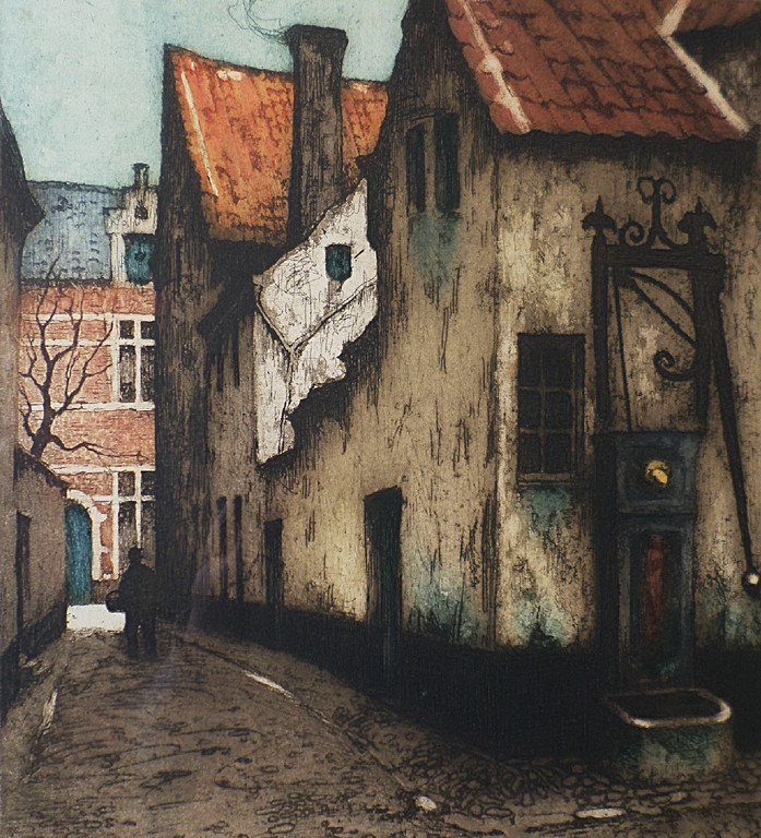 Julien Celos - Straatje in Vlaanderen, ets (mooi ingelijst) kopen? Bied vanaf 40!