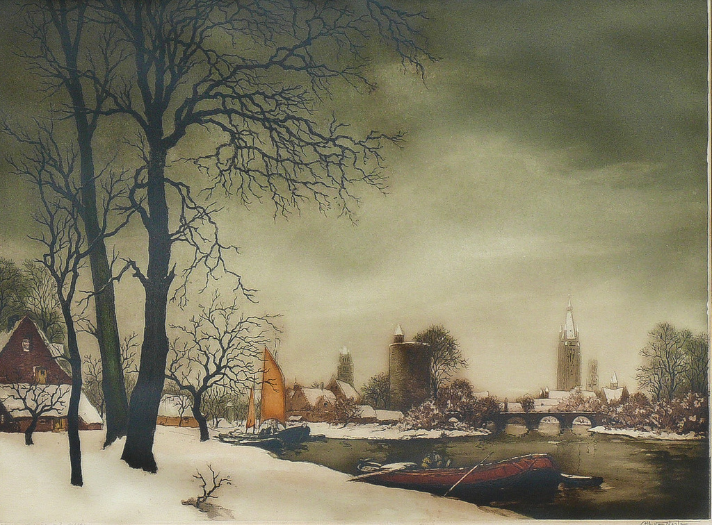 Alfred van Neste - Alfred van Neste: kleurenets, Brugge in de sneeuw verkocht voor € 1!
