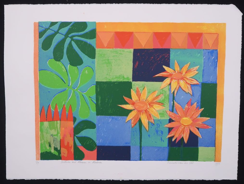 Fenneke van der Elst: Zeefdruk, Stilleven met bloemen en bladeren kopen? Bied vanaf 1!