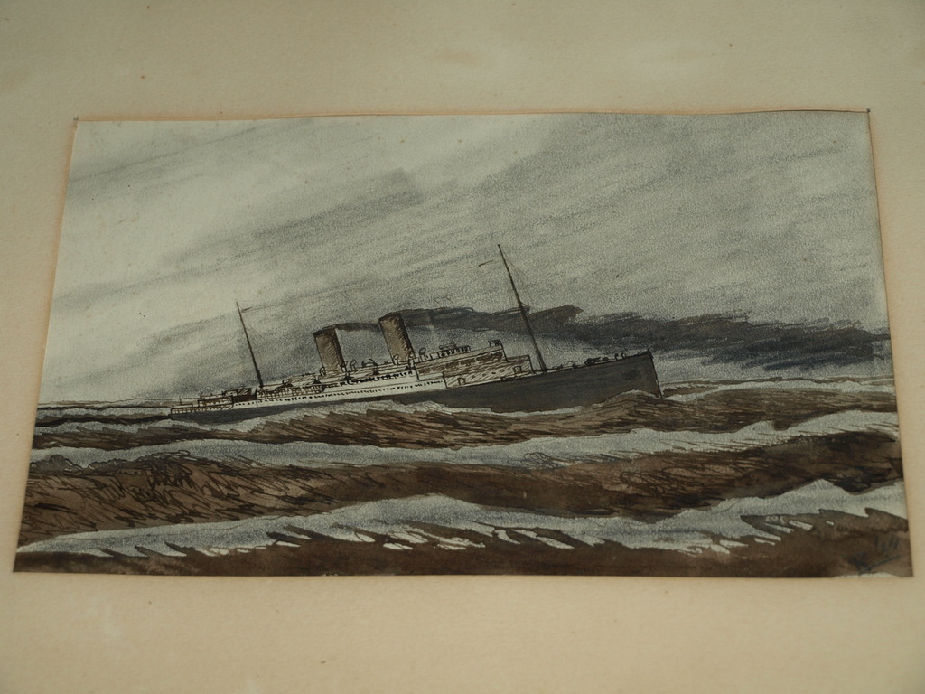 Gemengde techniek – Stoomboot op zee – Ingelijst – 1924 - *DAKA-AANBIEDING* kopen? Bied vanaf 23!