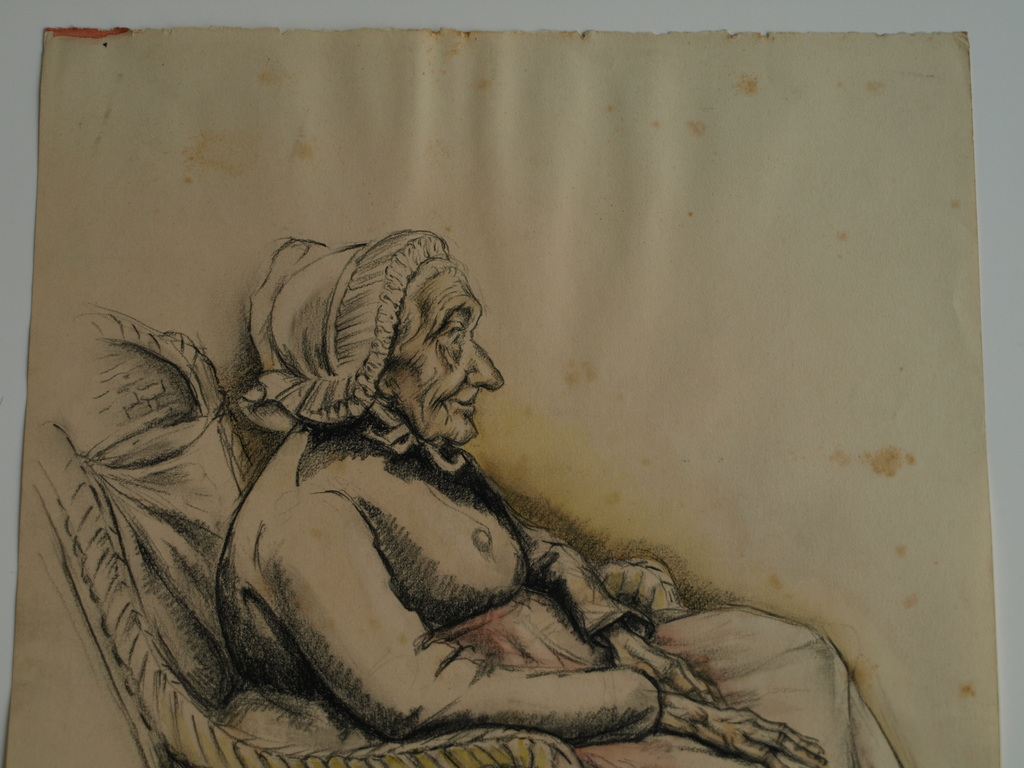 Onbekend : Tekening , Portret oude vrouw – ca 1920  kopen? Bied vanaf 1!