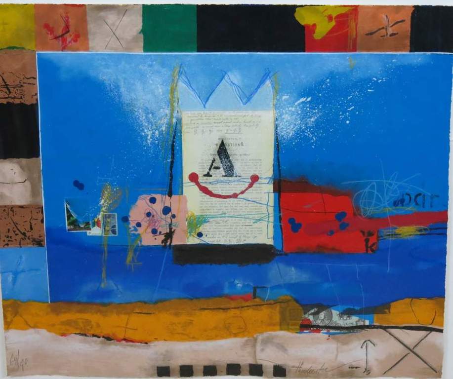 Theo Koster: Gemengde Techniek, Vierkant blauw - Ingelijst (mooi!) verkocht voor € 150!