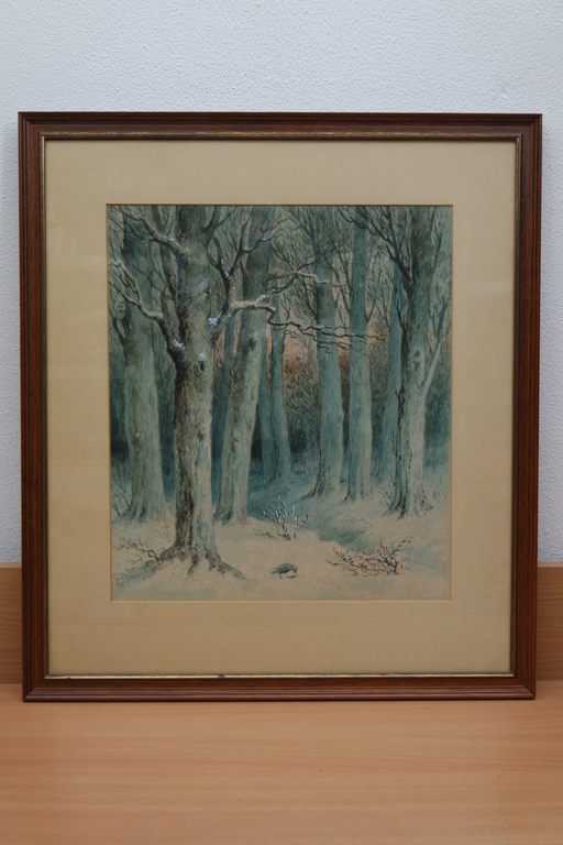 Gerrit Jan Derens (1831-1898) - aquarel - winters bosgezicht met vogel verkocht voor € 95!
