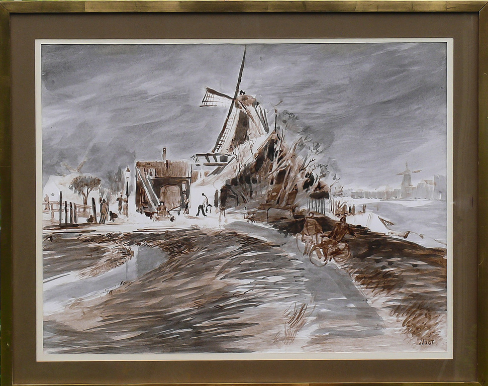 Huib van Vugt: Aquarel, Holllands landschap kopen? Bied vanaf 70!