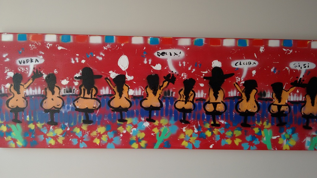 Espen Greger Hagen schilderij, bar ladies, handgesigneerd, 150 x 50 cm verkocht voor € 300!