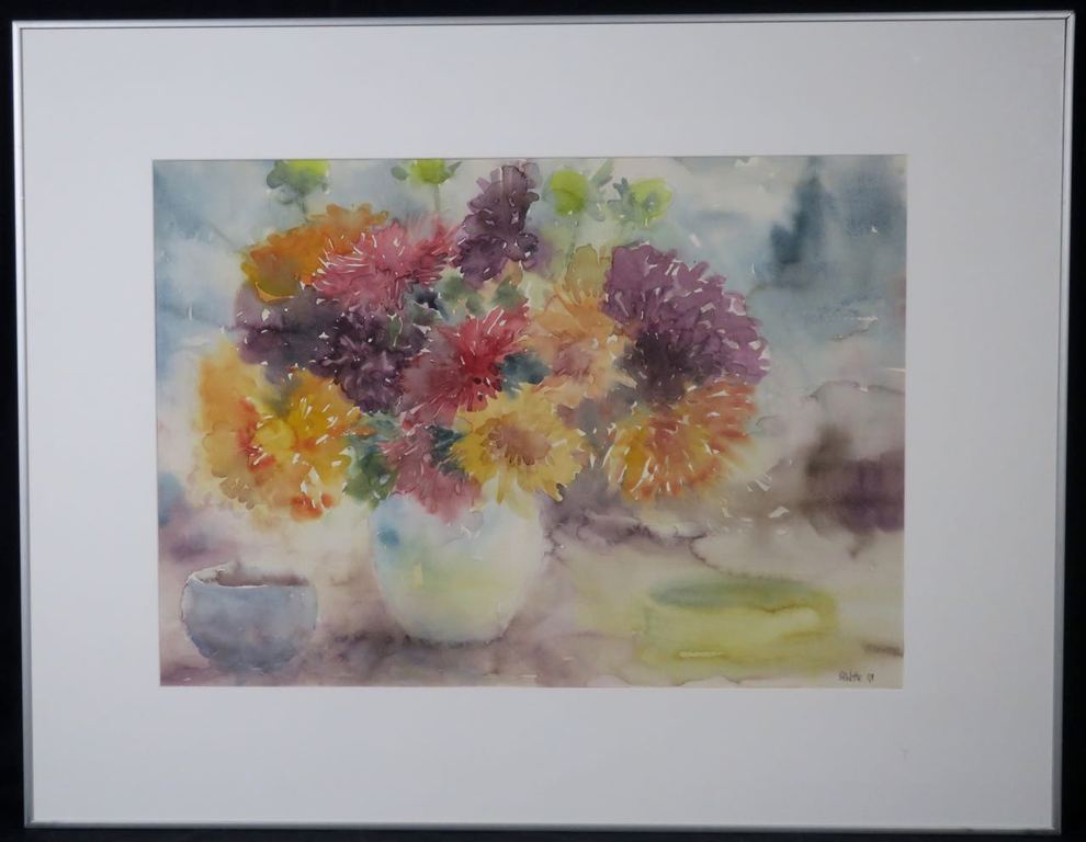 Anneke Witte: Aquarel, Dahlia's - Ingelijst kopen? Bied vanaf 20!
