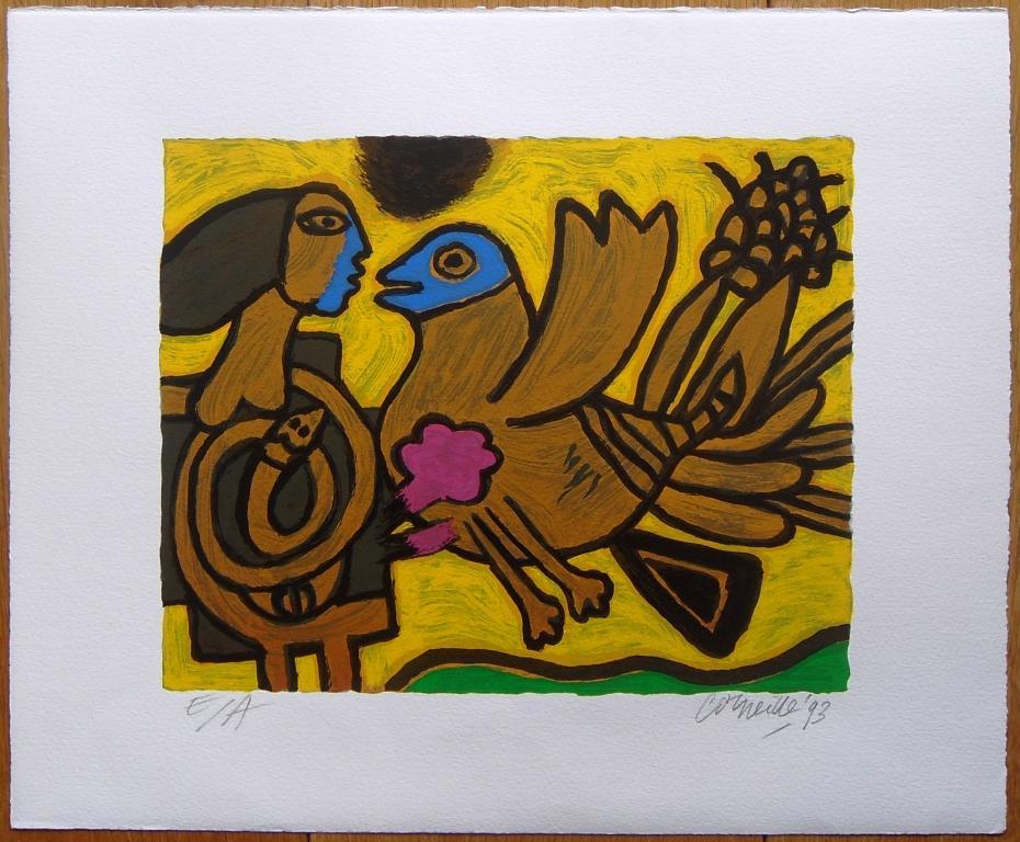 Corneille: Vrouw en vogel in geel en blauw verkocht voor € 85!